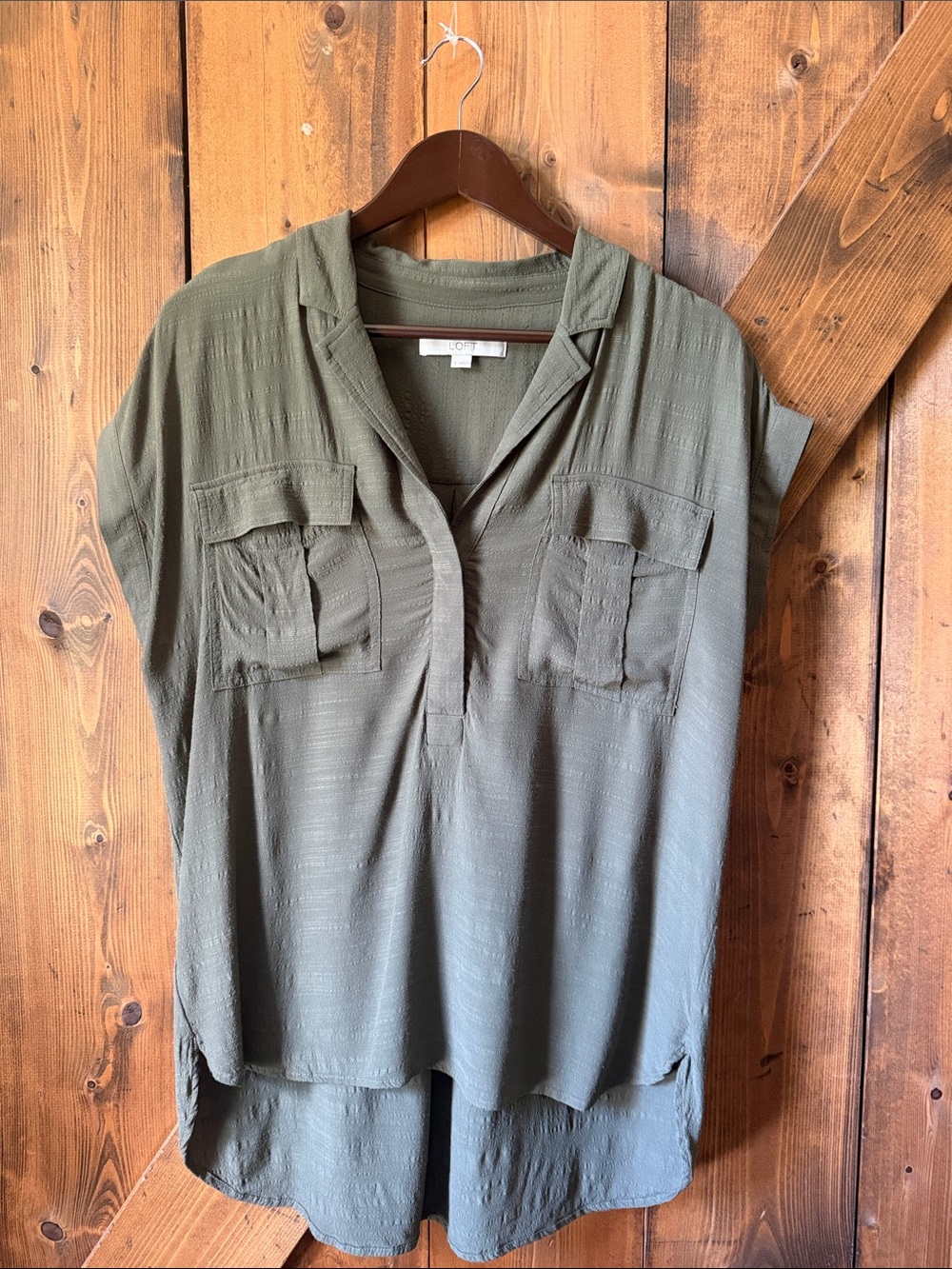 LOFT Olive Green Short-Sleeve Split-Neck Utility Tunic